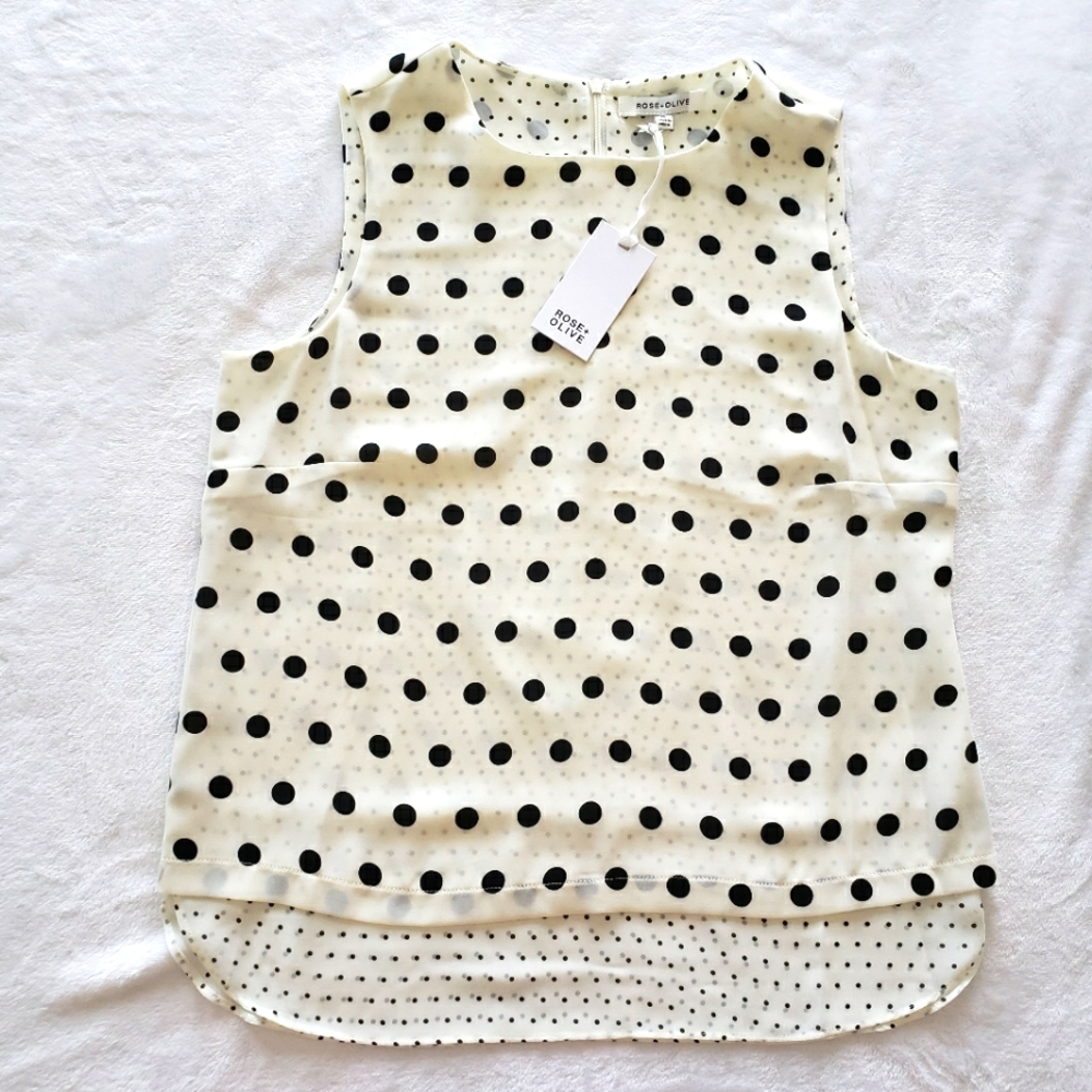 ROSE + OLIVE Sleeveless Black & Cream Polka Dot Layered Blouse—NWT—M - Picture 1 of 12